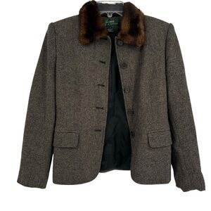 LAUREN RALPH LAUREN Women’s Blazer 100% Lambs Wool Faux Fur Collar Brown Size 4